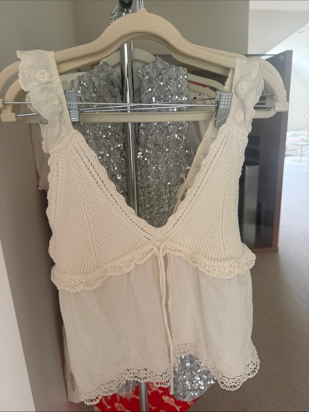 Zara Cream Knit & Lace Camisole Top